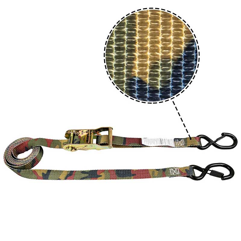 Strap Ratchet Láimhseála Iarainn Duaithníochta 1'' X 8' le S-Hook agus Coimeádán Vinyl-Brataithe