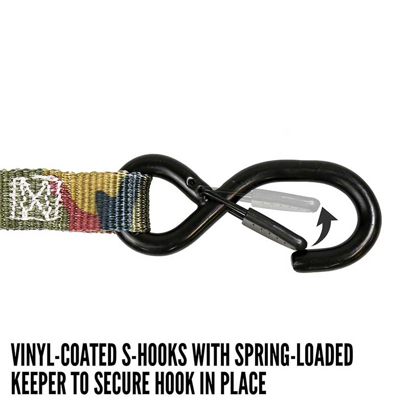Strap Ratchet Láimhseála Iarainn Duaithníochta 1'' X 8' le S-Hook agus Coimeádán Vinyl-Brataithe