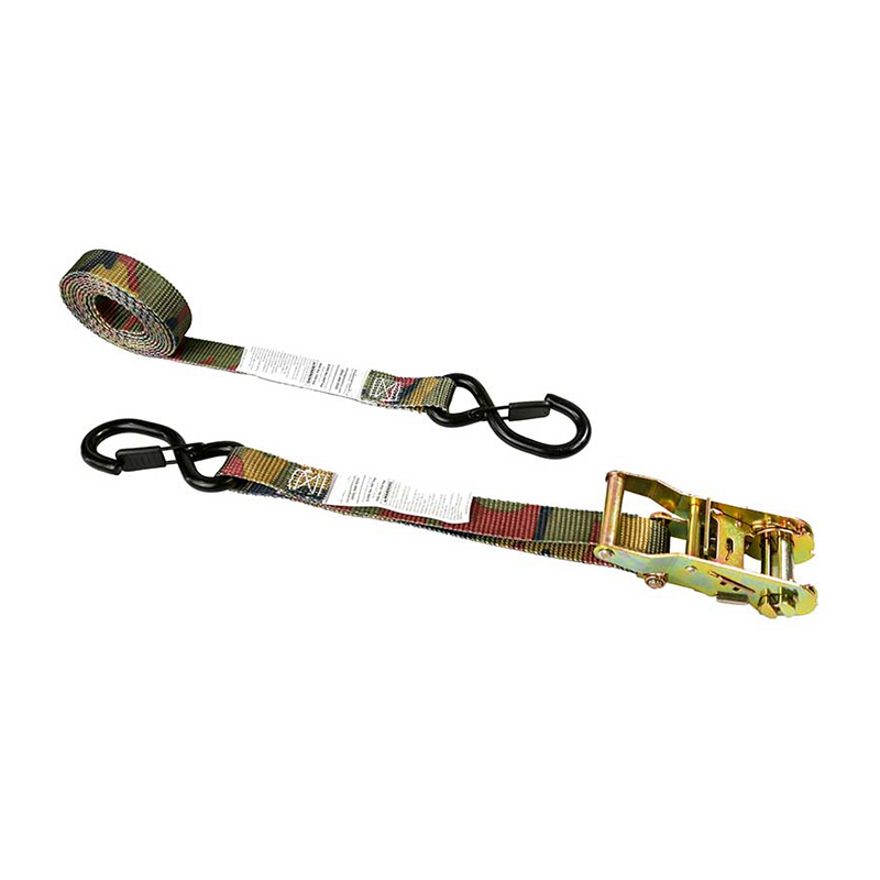Strap Ratchet Láimhseála Iarainn Duaithníochta 1'' X 8' le S-Hook agus Coimeádán Vinyl-Brataithe